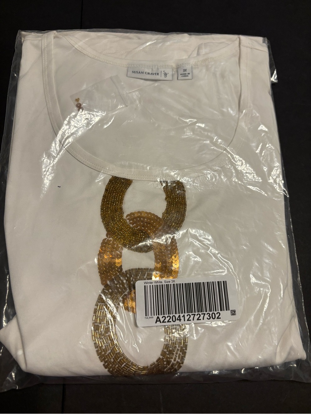 NWT Susan Graver Beaded Sequin Chain Link Top Winter White Plus Size 3X